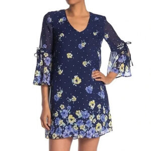 Vince Camuto Chiffon Bell Sleeve Blue Fairy Dark Floral V Neck Shift Dress